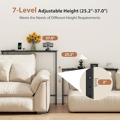 GRLEAF 39" Adjustable Height Narrow Console Table with Power Outlets, Long Sofa Table with Charging Station Behind Couch Table Skinny Entryway Table for Living Room, Hallway and Office – Black