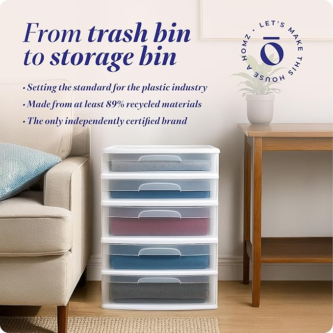 HOMZ Drawer Tower, 5-Tier Extra-Wide Clear Plastic Storage Organizer Cart, White Frame - Organizing Containers for Home, Office, Bathroom, Bedroom, and Classroom
