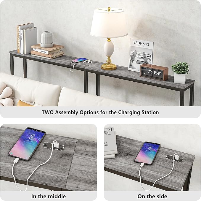 BOFENG 71.5 Inch Thin Console Table with Power Outlets,Narrow Sofa Table with Charging Station,Long Side Table Behind Sofa Couch Table for Entryway,Hallway,Living Room,Foyer,Grey
