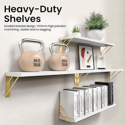 BAYKA Wall Shelves for Bedroom Decor, Floating Wall Shelf for Living Room Kitchen Storage, Mounted Rustic Wood Shelves for Kids Books, Corner Shelf for Bathroom(White and Gold，23in，Set of 4)
