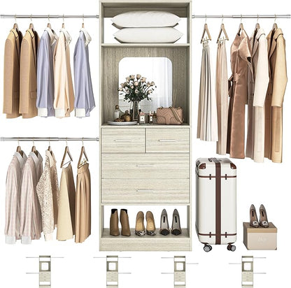Unikito 8FT Closet System, Customizable 96 Inch Closet Organization Kit with 25” Tower and 3 Extendable Hanging Rod(Can Be Cut to Fit), Heavy Duty Clothing Racks with 4 Drawers and Shelves, White Oak