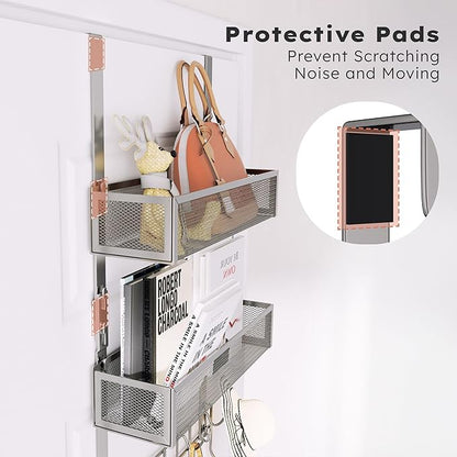 Consumest Over The Door Hooks Organizer - Extra Long Door Hanger with 9 Coat Hooks & 2 Mesh Basket, Back Storage Organizer Hanging Towels for Bathroom, Bedroom, Sand Nickel (for 1.76 in Doors)