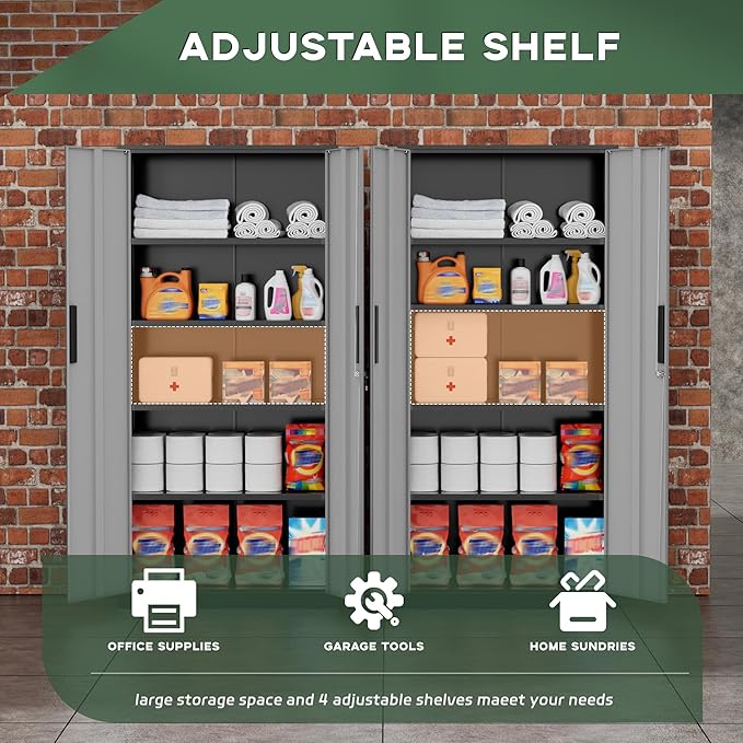 Greenvelly Metal Storage Cabinet,72" Locking Metal Garage Storage Cabinet with Doors and 4 Adjustable Shelves, Lockable Steel Cabinet for Home Office, Garage, Shop, School (Black Grey 32" W x 16" D)
