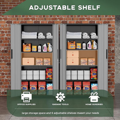 Greenvelly Metal Storage Cabinet,72" Locking Metal Garage Storage Cabinet with Doors and 4 Adjustable Shelves, Lockable Steel Cabinet for Home Office, Garage, Shop, School (Black Grey 32" W x 16" D)