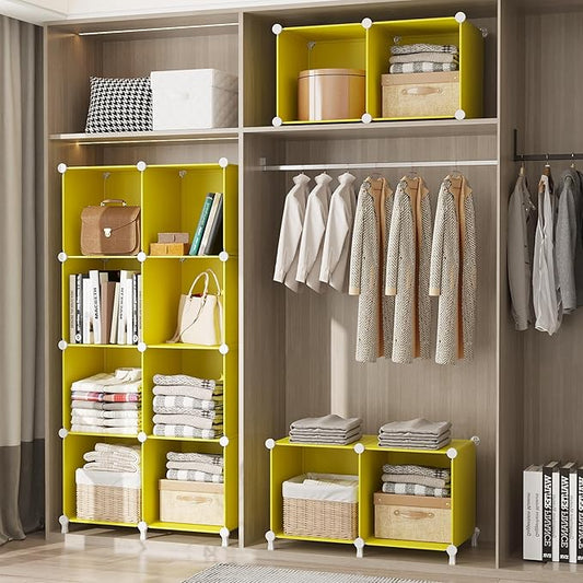 AWTATOS Cube Storage Organizer, 8 Cube Closet Organizers and Storage, DIY Stackable Bookshelf Plastic Clothes Organizer Shelving for Bedroom, Home, Yellow