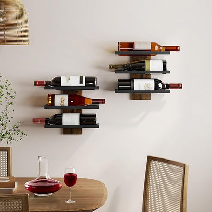 Hoctieon 3-Tier Wall Mount Wine Rack Set (6 Bottles), Wall Mounted Wine Bottle Racks for Display and Storage, Hanging Bottle Holder, for Living Room, Dining Room, Bar, Wine Cellar, Rustic Brown