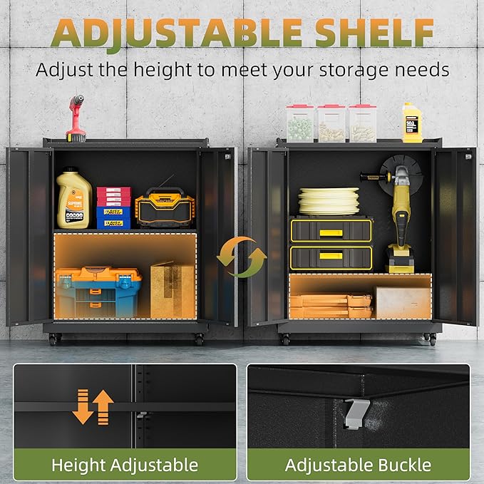 Garage Storage Cabinet with Wheels, Metal Storage Cabinets for Hanging Tools, Rolling Tool Cabinet, 34''H Heavy Duty & Rust Resistant Storage Cabinet for Garage, Warehouse, Office