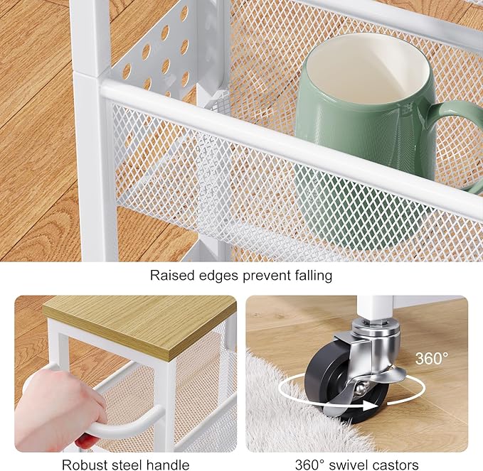 Utility Slim Storage Cart, 4-Tier Narrow Bathroom Organizers and Storage Cart, Narrow Metal Kitchen Laundry Room Organization Shelf with Wood Top, Slim Rolling Carts with Wheels for Small Space