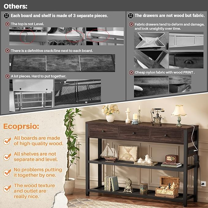 Ecoprsio 47'' Entryway Table with Outlets and USB Ports, Console Table with 3 Drawers, Sofa Table Narrow Long with Storage Shelves for Living Room, Couch, Hallway, Foyer, Black Walnut Finish