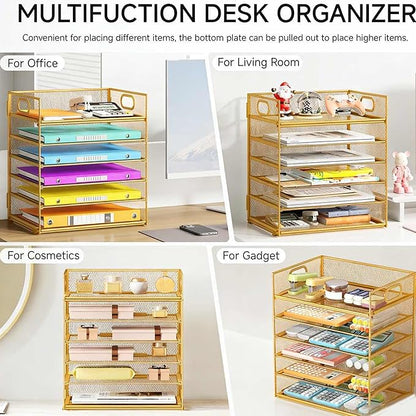 6 Tiers Letter Tray Paper Organizer with Handle, Mesh Desk File Organizer, Metal Desktop Document Shelf Organization, Paper Sorter Organizer for Office, Home or School File Folder Holder (Gold)