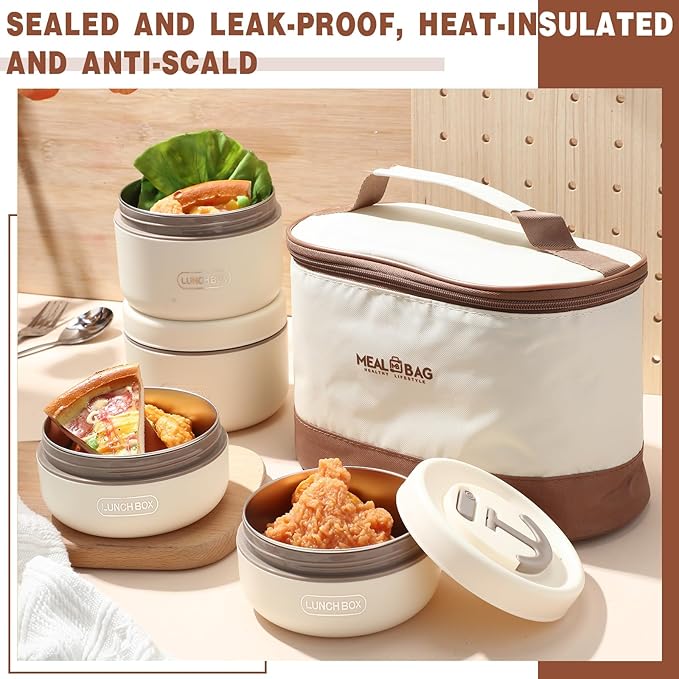 Dandat 4 Pcs Insulated Bento Box Portable Stainless Steel Food Container Round Stackable Leakproof Thermal Food Container for Adult Men Women with Insulated Bag, 74 oz(Beige)