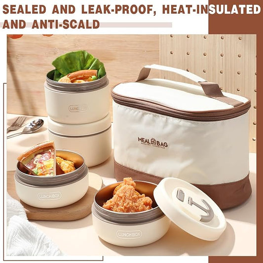Dandat 4 Pcs Insulated Bento Box Portable Stainless Steel Food Container Round Stackable Leakproof Thermal Food Container for Adult Men Women with Insulated Bag, 74 oz(Beige)
