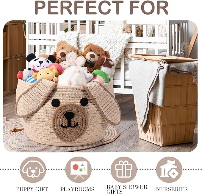 Zopeal Dog Woven Basket Cute Woven Cotton Rope Puppy Animal Storage Basket for Laundry Toy Gift(Khaki,13 x 8 Inch)