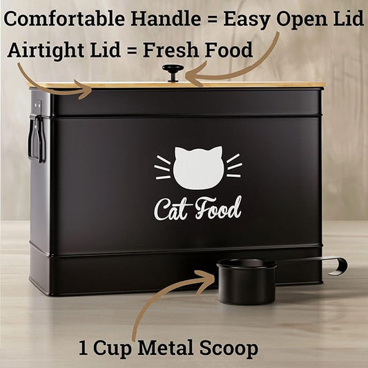 Cat Food Storage Container with Scoop - 15 lb (50 Cup) Capacity Metal Cat Food Container with Airtight Bamboo Lid & Metal Scoop - Airtight Pet Food Storage Containers - 15 lb Treats & Kibble Container