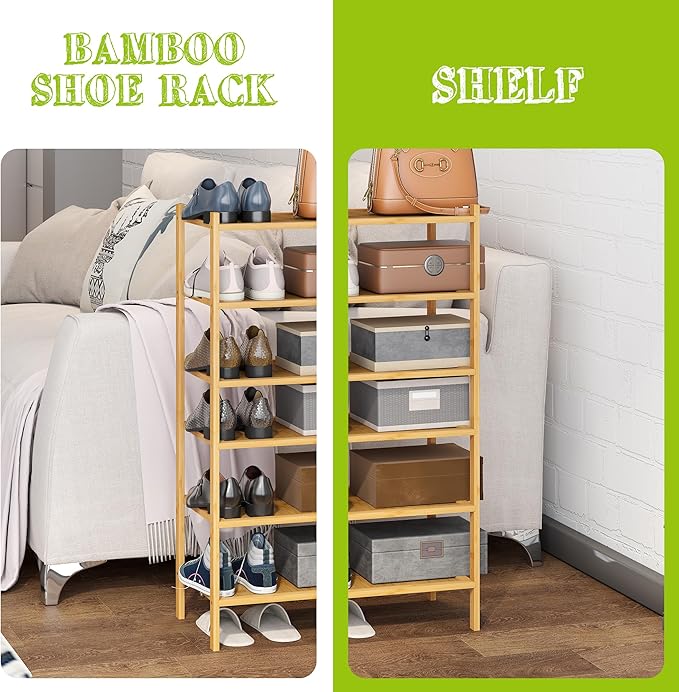 BMOSU 6-Tier Bamboo Small Shoe Rack Premium Stackable Shoe Shelf Storage Organizer for Hallway Closet Living Room Entryway Organizer(Natural)