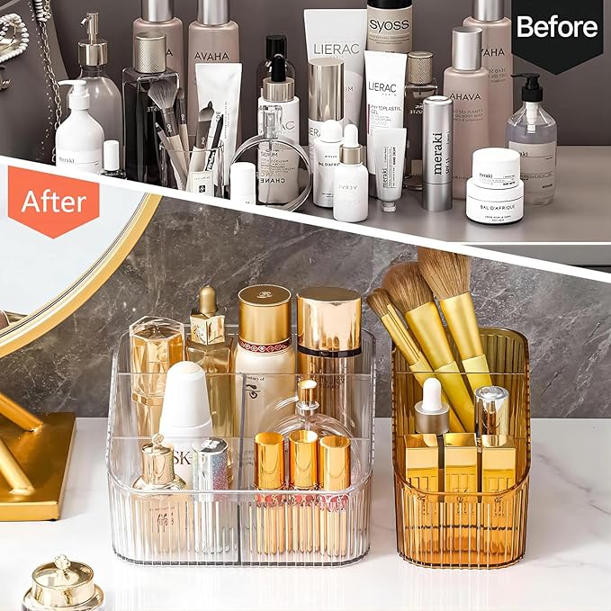 DASITON Large Capacity Makeup Brush Holder,5 Slot Makeup Brush Cup,Vintage striped Make Up Brush Holder,for Vanity Decor,Bathroom Countertops,Desk Storage Container,Cosmetic Display cases(Clear-L)