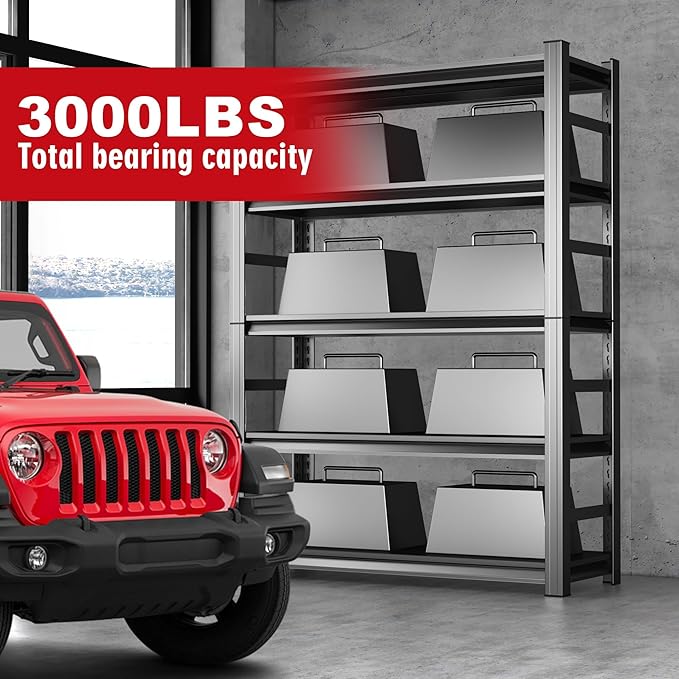 Metal Garage Shelving Unit,Heavy Duty 5-Tier Adjustable Storage Shelves,3000 lbs Capacity,Industrial Shelves for Heavy Tools and Equipment,for Garage,Basement (Black, 47.2" Wx18 Dx78 H)