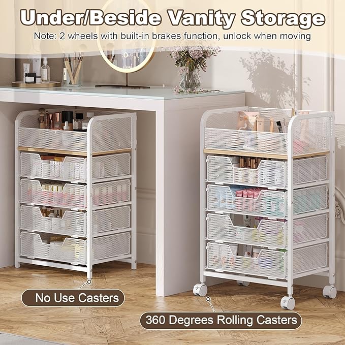 Makeup Cart Organizer with 4 Drawers, Large Floor Skincare Organizers, Vanity Storage Organizer Cosmetics Display Cases for Skin Care Perfume Nail Polish, White