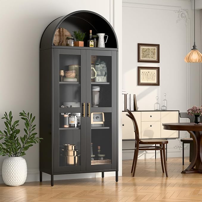 Metal Arched Display Cabinet with Glass Doors,Arch Cabinet with 3 LED Strip and 2 Adjustable Shelves for Home Office,Assembly Required, Black