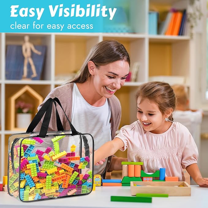 4 Pack Toy Storage Bags, Clear PVC Toy Organizer with Zipper, Large Black Waterproof Reusable Toy Bags with Labels for Puzzles, Building Blocks, Board Game, Stationery, Kids Books