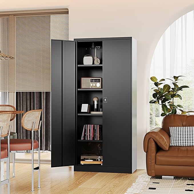 Metal Storage Cabinet-72” Black Tall Steel File Cabinets with Lockable Doors and Adjustable Shelves-Black Steel Storage Cabinet for Kitchen, Office, Garage