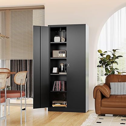 Metal Storage Cabinet-72” Black Tall Steel File Cabinets with Lockable Doors and Adjustable Shelves-Black Steel Storage Cabinet for Kitchen, Office, Garage