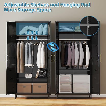 Aobabo 2 Door Metal Wardrobe Cabinet with Hanging Rod, Metal Wardrobe Closet with 2 Adjustable Shelves, Storage Lockers for Home,Office,Installation Required, Black