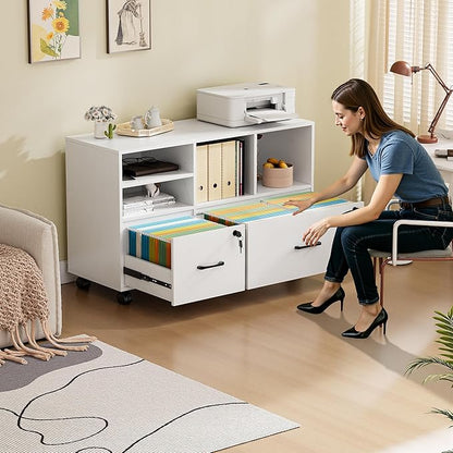 2 Drawer Wood Mobile Large Lateral File Cabinet, Lockable Rolling Filing Cabinet with Storage Shelves, Printer Stand Office Storage Cabinet for Home Office Fits Files Legal/A4, White
