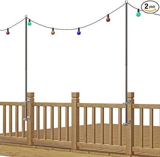 2 Pack 6.5 FT Stainless Steel String Lights Pole Bracket/Holder for Deck Railing Wood Posts, Black