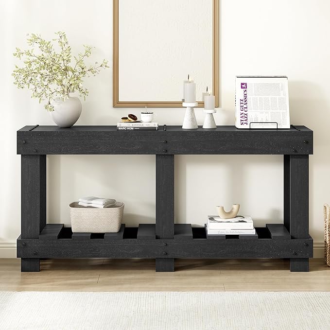 62.9-Inch Extra-Length Tabletop Vintage Entryway Table, Solid Cedar Wood Console Table with 6 Reinforced Legs, Metal Rivet Decor and Plank Under-Shelf for Hallway, Living Room (Black-J41)