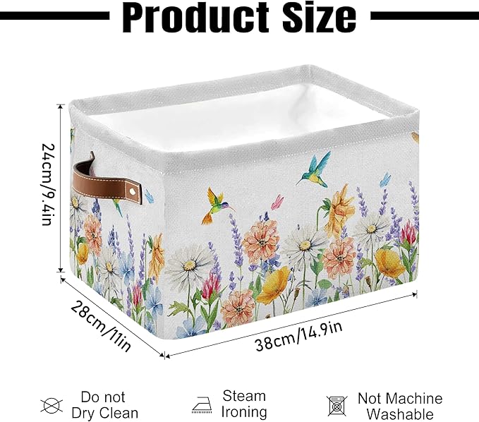 Flower Storage Bin with Handle, Wildflower Foldable Storage Box, Christmas Decorative Watercolor Flora Basket for Home, Bedroom, Closet Organization