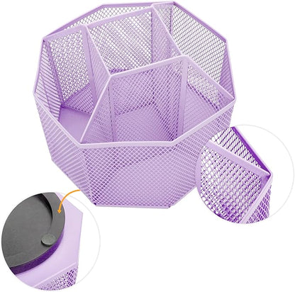 Annova Mesh Desk Organizer Rotate with 5 Compartments Spinning Tidy Candy/Pen Holder Office, Art Supply, Storage, Classroom, Home (Light Purple)