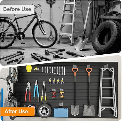 DoCred Slatwall Paneling Organizer, 4x2 FT PVC Garage Slat Wall Storage Systems, Heavy Duty Mounted Slat Peg Board for Tool Organization Ladder Bike Includes 27 PCS Hooks Accessories Kit (Black)