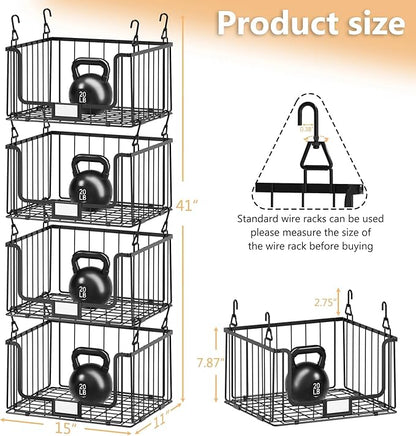 4-Tier Hanging Laundry Room Organizer with Label Cards,Foldable Wire Shelf Basket with 4 Rotating Hooks,Stacked Laundry Basket Organizer,Storage Rack for Laundry Rooms,Closet and Pantry-Black