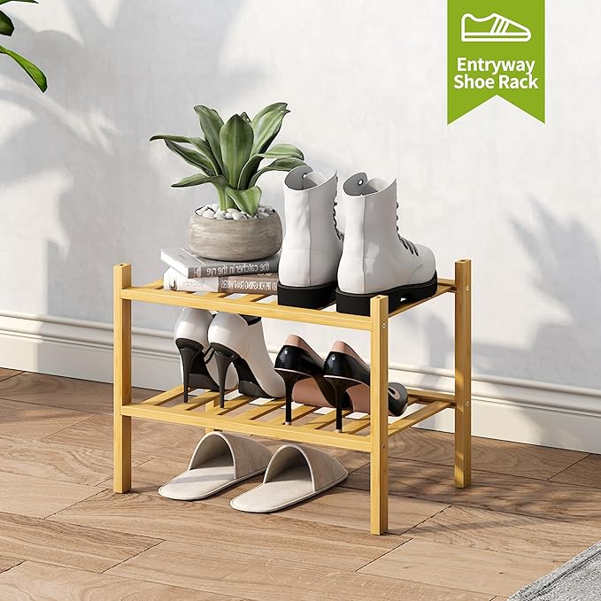 BMOSU 2-Tier Bamboo Small Shoe Rack Premium Stackable Shoe Shelf Storage Organizer for Hallway Closet Living Room Entryway Organizer (Natural Bamboo)