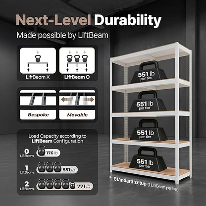 HOMEDANT House 5 Tier Heavy Duty Garage Shelving Adjustable Metal Rack Storage Shelves Standing Shelf Unit Organizers Pantry Closet Office (2, White, 48.1" W x 16.5" D)