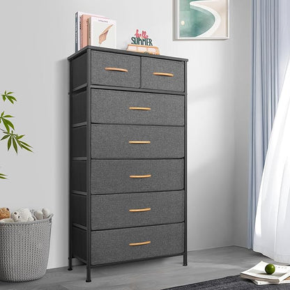 Mifuro Tall Dresser for Bedroom, Vertical Storage Organizer Tower with 7 Drawers, Chest of Drawers with Fabric Bins, Steel Frame, Wood Top for Bedroom, Closet, Entryway- Grey