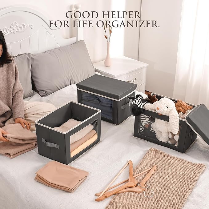 Stackable Storage Bins with Lids - Medium Storage Box with Lids, Foldable Closet Boxes for Organizing, Wardrobe Clothes Organizer with Window, Cubes Bins for Living Room, 4 Pack, Dark Grey