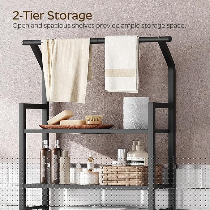 2-Tier Over The Toilet Storage, Multifunctional Vertical Over Toilet Bathroom Organizer, Freestanding Bathroom Storage Shelves with Hooks, Bathroom Organizer, Rustic Brown and Black TR01BB
