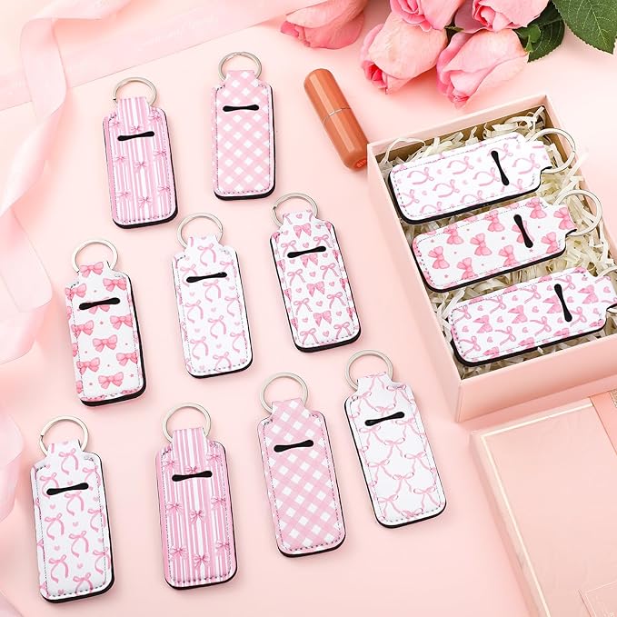 12 Pcs Lipstick Holder Keychain Bulk Cute Pocket Lip Balm Holder Keychain Backpack Purse Accessories for Women Lip Gloss Sleeve Pouch, 6 Style(Pink Bow)