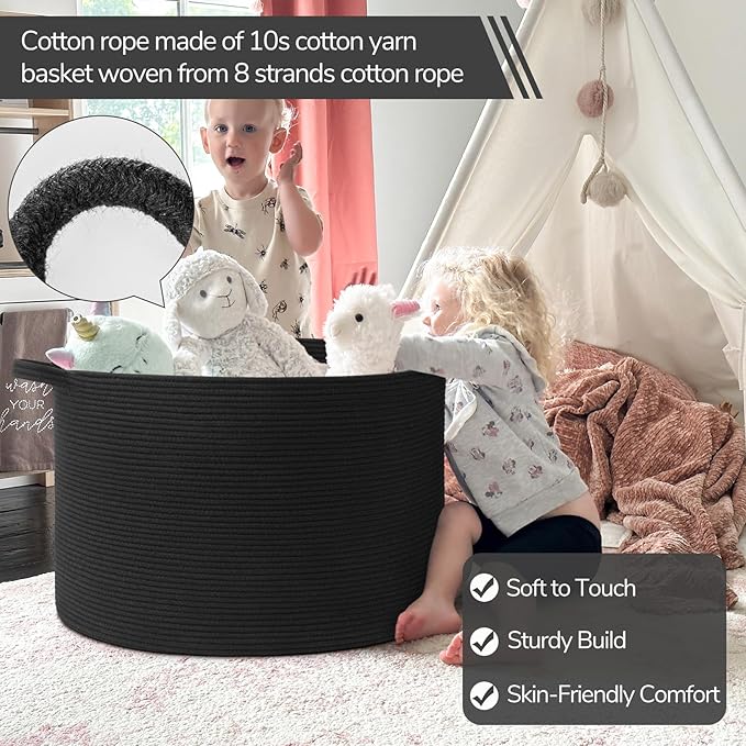 INDRESSME 115L Extra Large Cotton Rope Blanket Basket, Woven Storage for Living Room Toy Baskets Kids Baby Laundry Hamper for Dirty Clothes, Pillows, White & Black