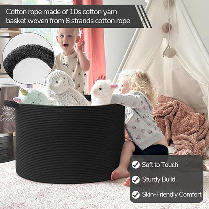 INDRESSME 115L Extra Large Cotton Rope Blanket Basket, Woven Storage for Living Room Toy Baskets Kids Baby Laundry Hamper for Dirty Clothes, Pillows, White & Black