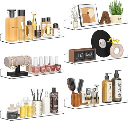 Floating Shelves for Wall Decor, 15" Extra Clear Wall Shelves for Bedroom, Living Room, Kitchen, Bathroom Decor, Nail Polish/Book/Decoration/Makeup/Perfume Organizer Floating Shelf-6Pack