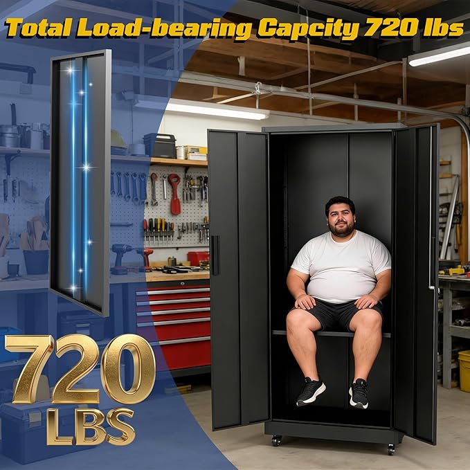 Metal Storage Cabinet with Doors and Adjustable Shelves, 73" Steel Garage Storage Cabinets with Wheels, Locking Tool Cabinet Utility Cabinets for Garage,Bathroom,Kitchen,Home Office,School