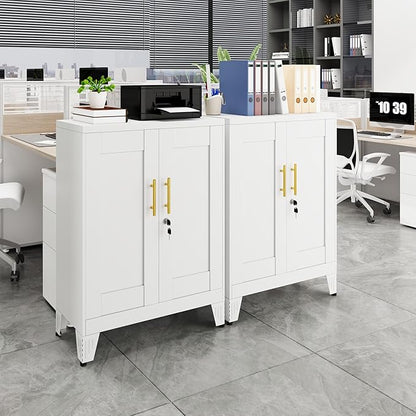 White Metal Pantry Cabinet with Lock(Two Units), Sideboard Buffet Storage Cabient with Doors and 2 Adjustable Shelves, Multifunctional Kitchen Cupboard for Home Office, Buffet Table