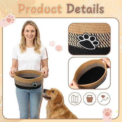 2 Pcs Dog Toy Basket Gift Baskets for Organizing Woven Organizers Cat Toy Bin Cute Dog Paw Rope Storage Organizer with Handle, Cat Holder Container 11.8 x 7.8 x 5.1 Inch