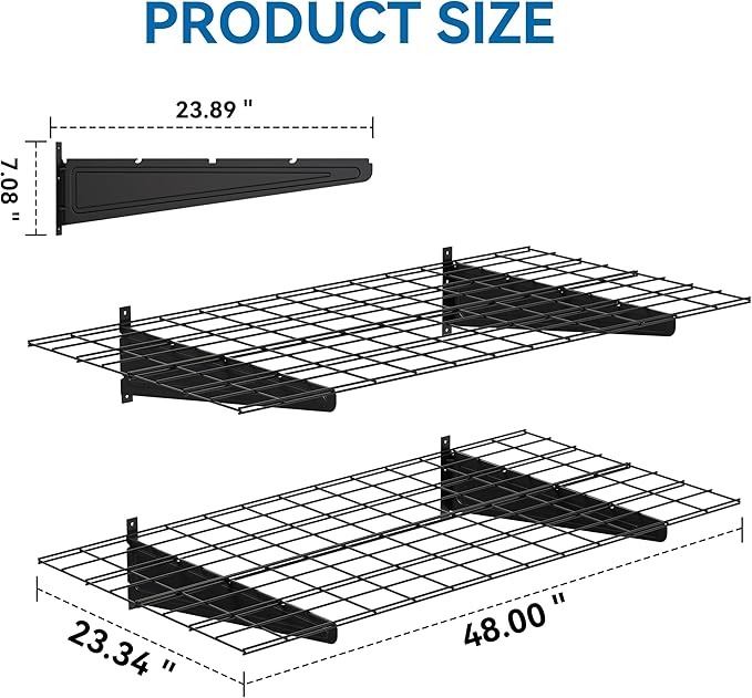 2-Pack 2x4ft Garage Wall Shelving, 24"x48" Shelf Storage Rack Floating Shelves Wall Mounted, Heavy Duty Storage Shelves, 800lbs Load Capacity, with 8 Hooks for Garage Organization, Black