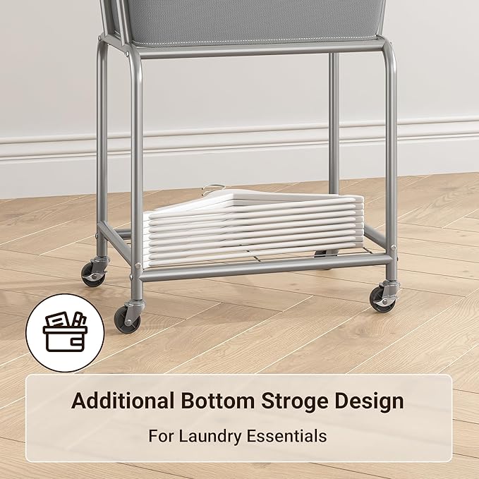 ELYKEN Rolling Laundry Hamper with Wheels, Laundry Cart with Removable Bag, Heavy Duty Metal Frame, 2-Tier Clothes Basket Hamper with Shelf for Closet, Bedroom, Bathroom, Laundry Room, Gray