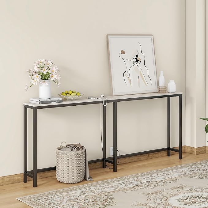 BOFENG 71.5 Inch Thin Console Table with Power Outlets,Narrow Sofa Table with Charging Station,Long Side Table Behind Sofa Couch Table for Entryway,Hallway,Living Room,Foyer,Natural Oak