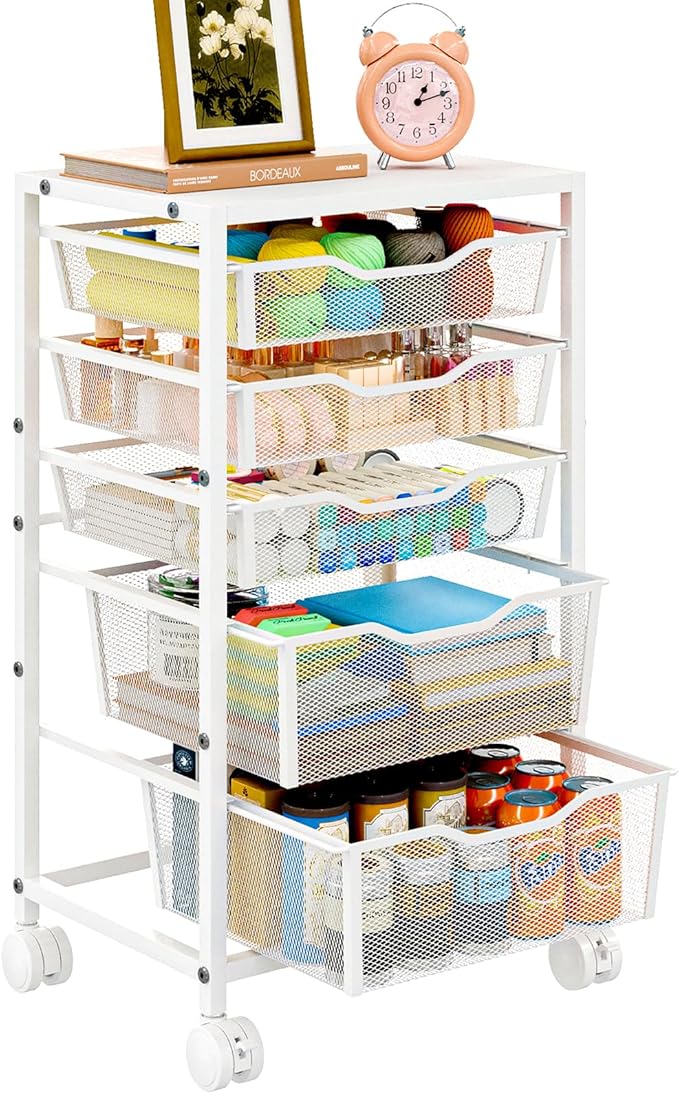 Rolling Storage Cart with 5 Drawers, Metal Utility Cart with Lockable Wheels, Craft Storage Art Cart, Rolling Drawer Cart for Living Room, Bedroom, Bathroom, Office, Home, White